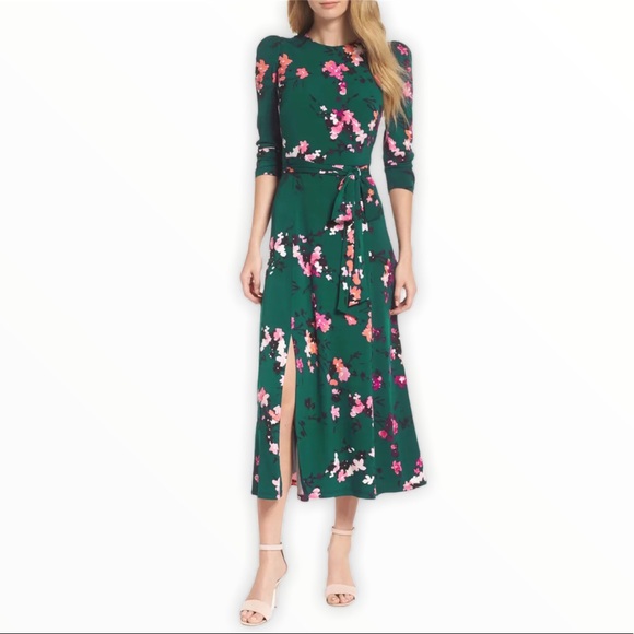 Eliza J Dresses & Skirts - Eliza J Green Floral Print Ruched Midi Dress NWT